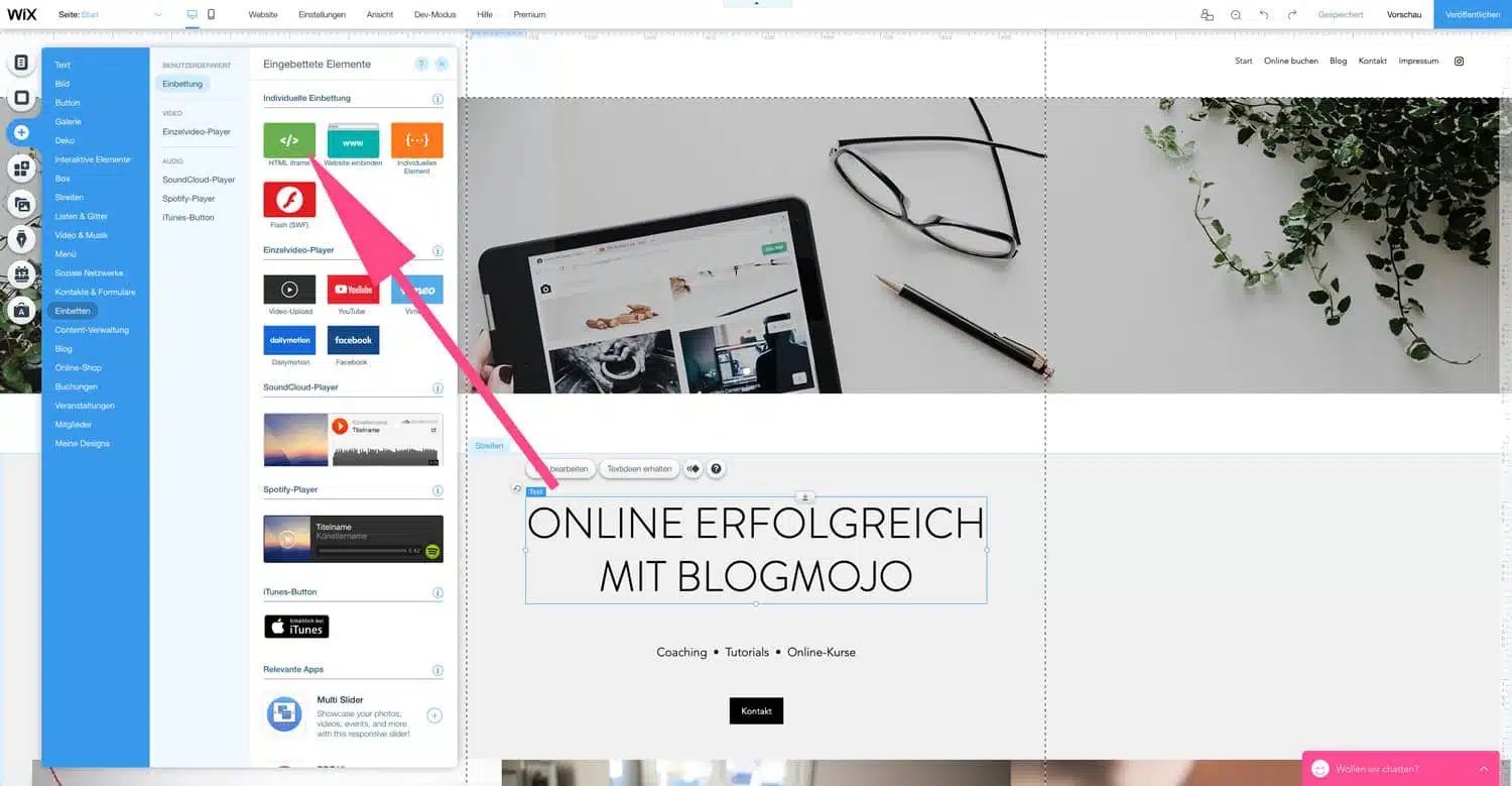 Einen eigenen HTML-Code kannst du problemlos im Wix Editor hinzufügen