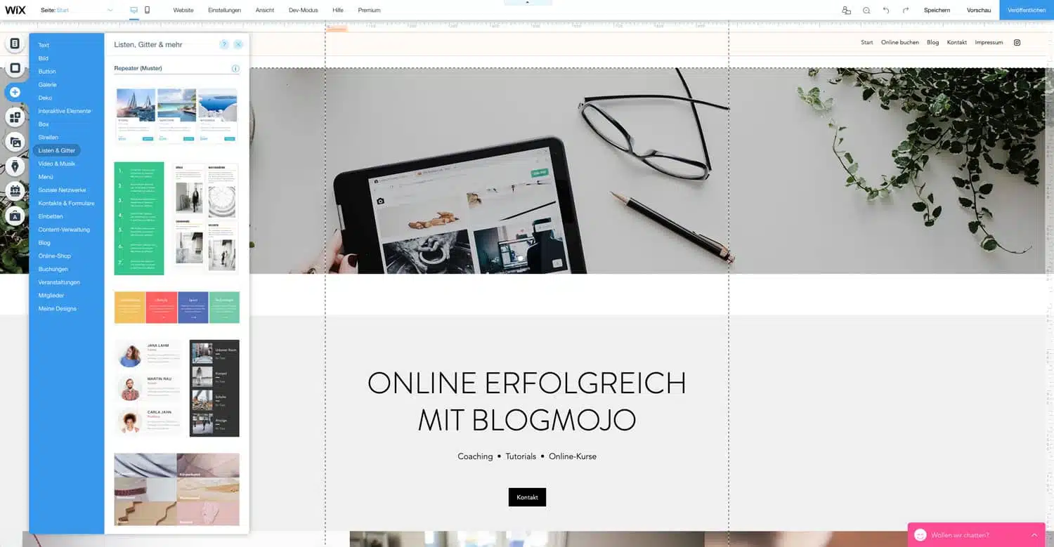 Bei Wix erhältst du eine große Auswahl vorgefertigter Blöcke, die du in deine Website importieren kannst