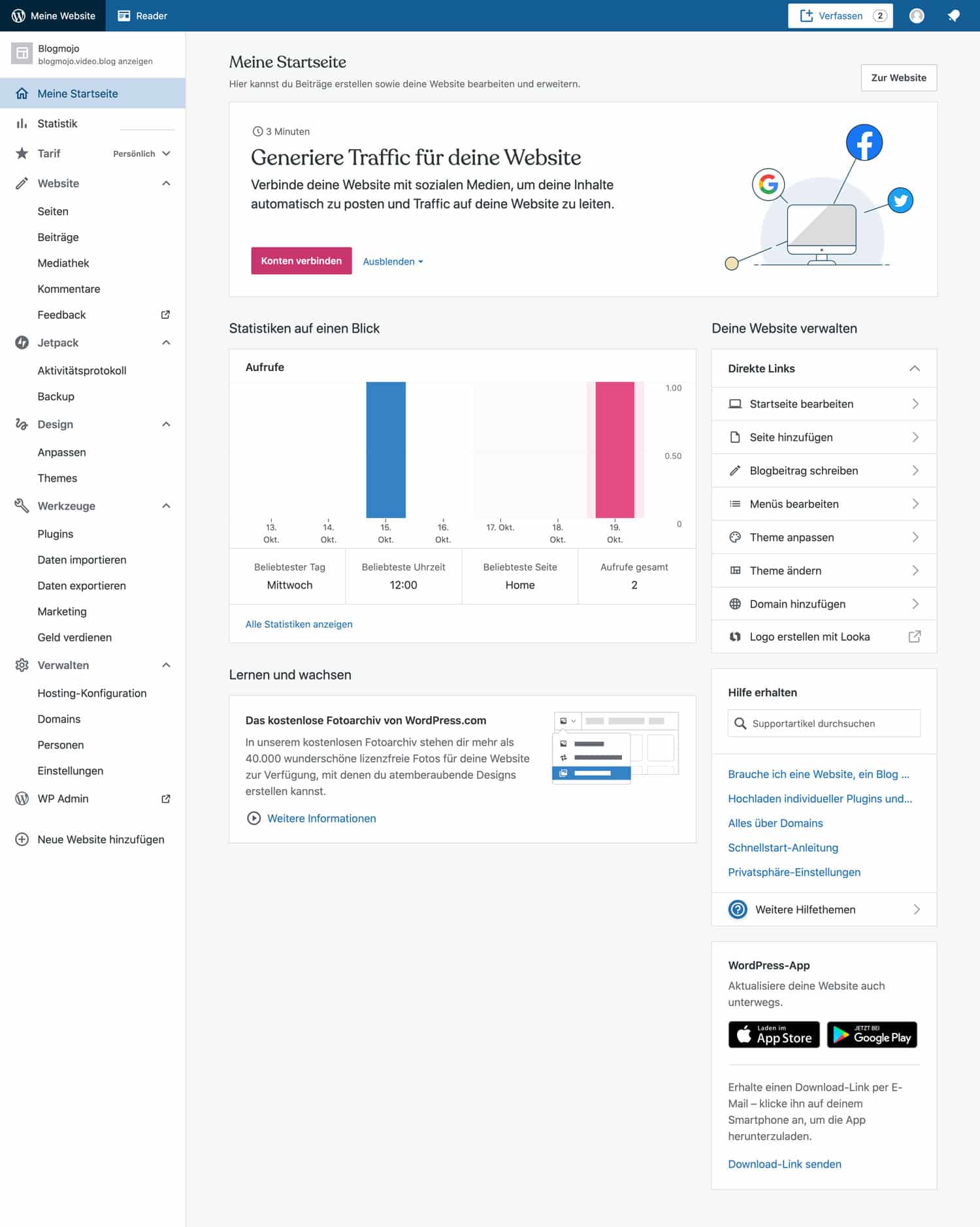Das Backend von WordPress.com ist aufgeräumt und übersichtlich und dadurch sehr leicht zu bedienen