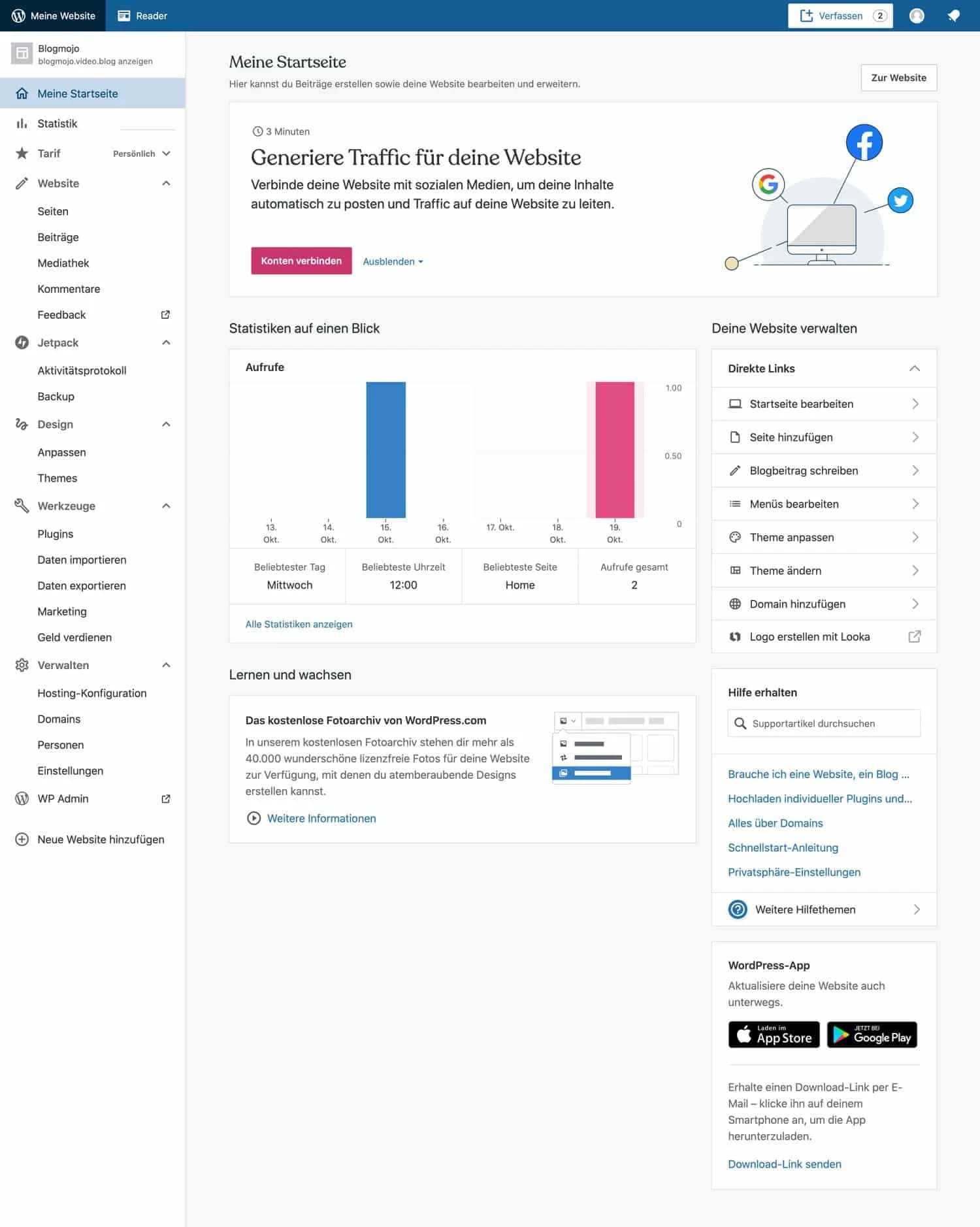 Das Backend von WordPress.com ist aufgeräumt und übersichtlich und dadurch sehr leicht zu bedienen