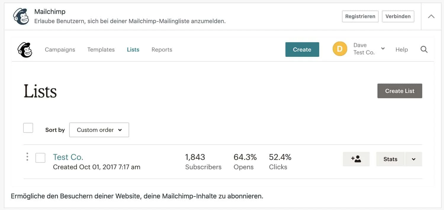 Im Backend von WordPress.com kannst du eine Verbindung zu Mailchimp herstellen
