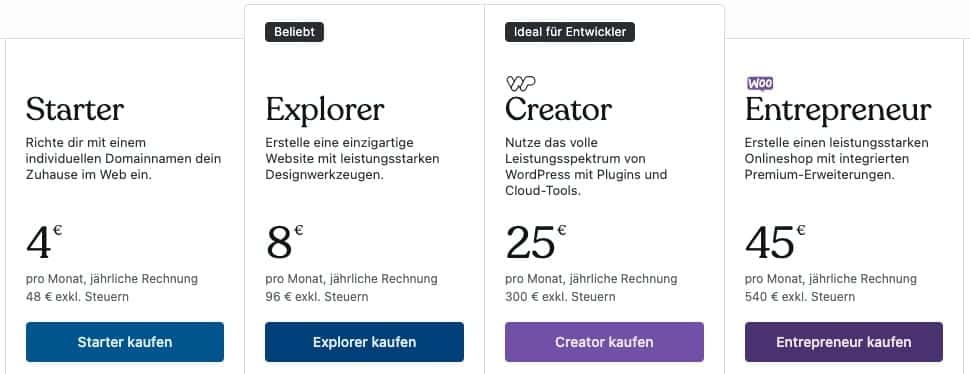 WordPress.com stellt dir 4 verschiedene Tarife zur Auswahl