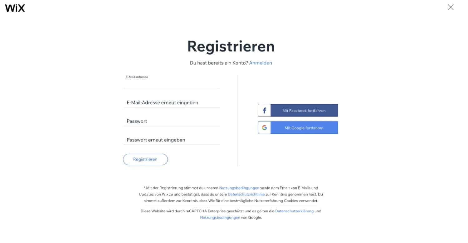 Wix Registrierung