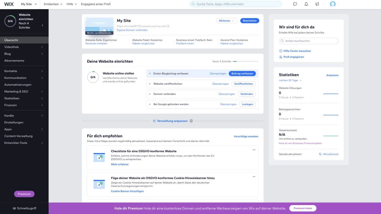 WIX Backend Ersteinrichtung