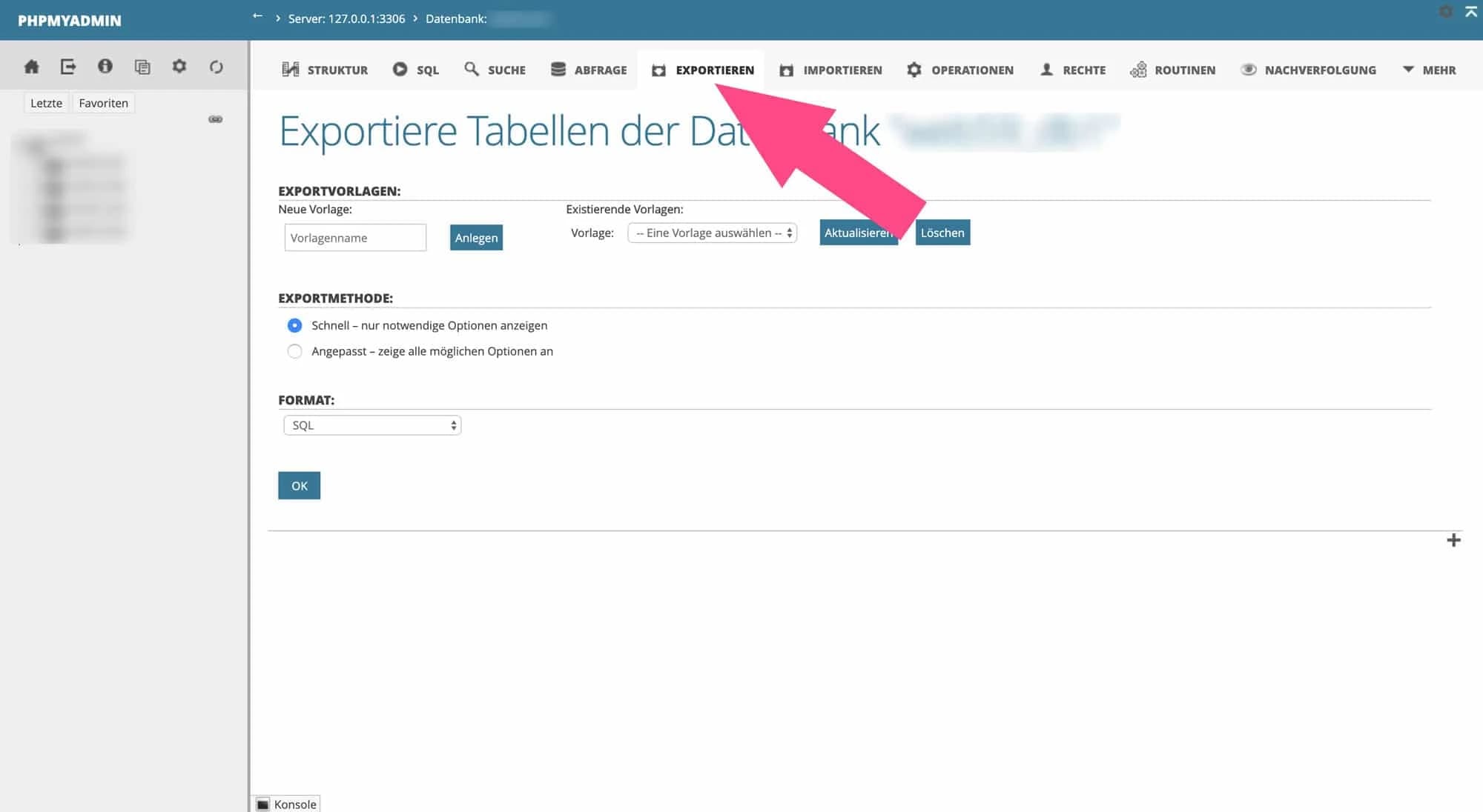 Mit einem Klick auf Exportieren speicherst du deine Datenbank ab