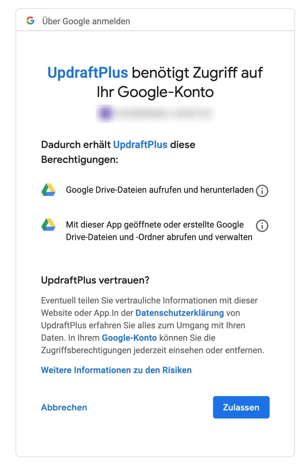 Das Google Drive erfordert die Legitimation von UpdraftPlus