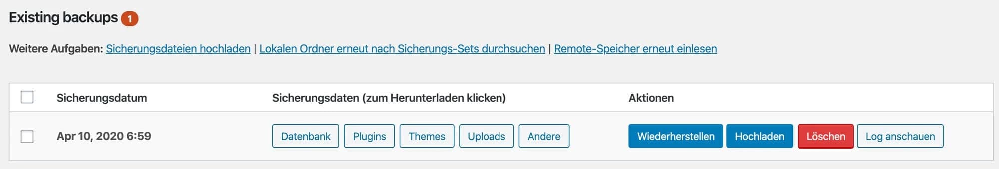 Alle Backups werden in UpdraftPlus im WordPress Backend angezeigt