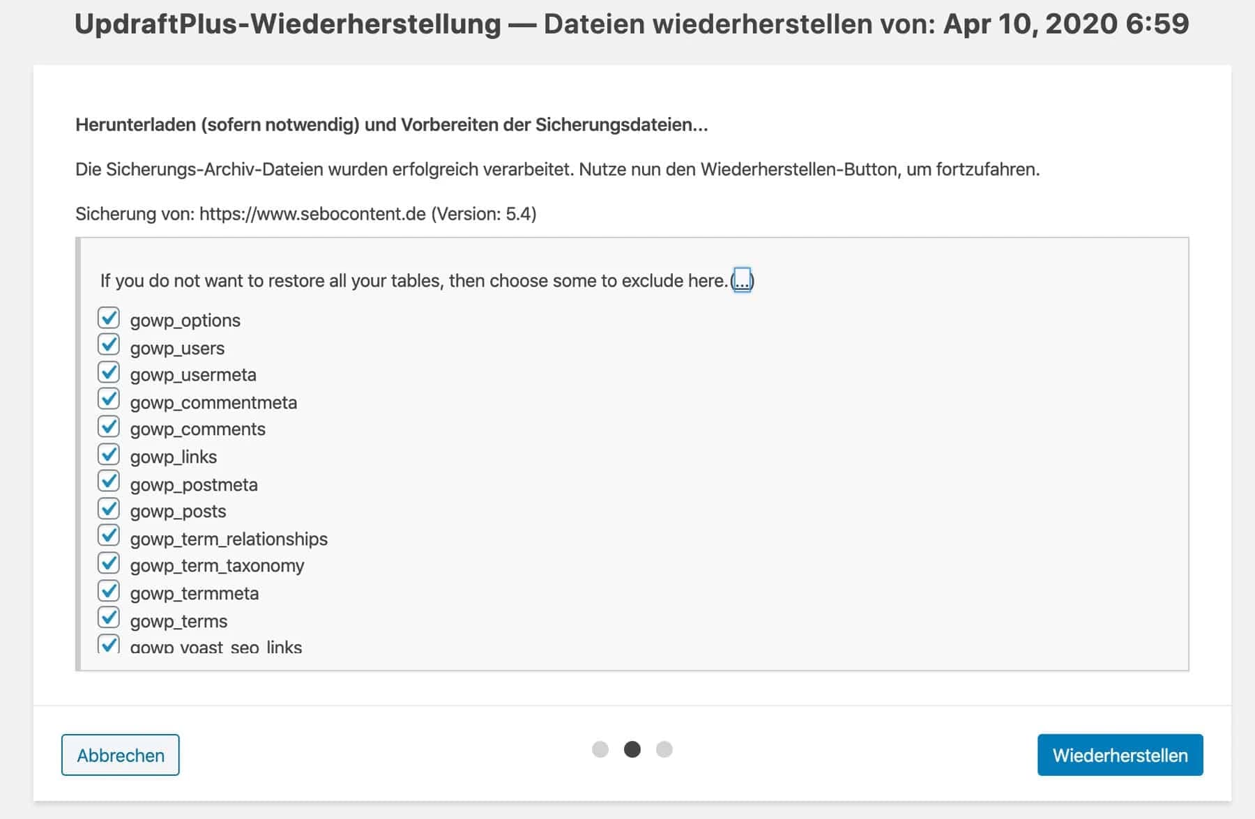 In UpdraftPlus kannst du festlegen, welche Tabellen wiederhergestellt werden sollen