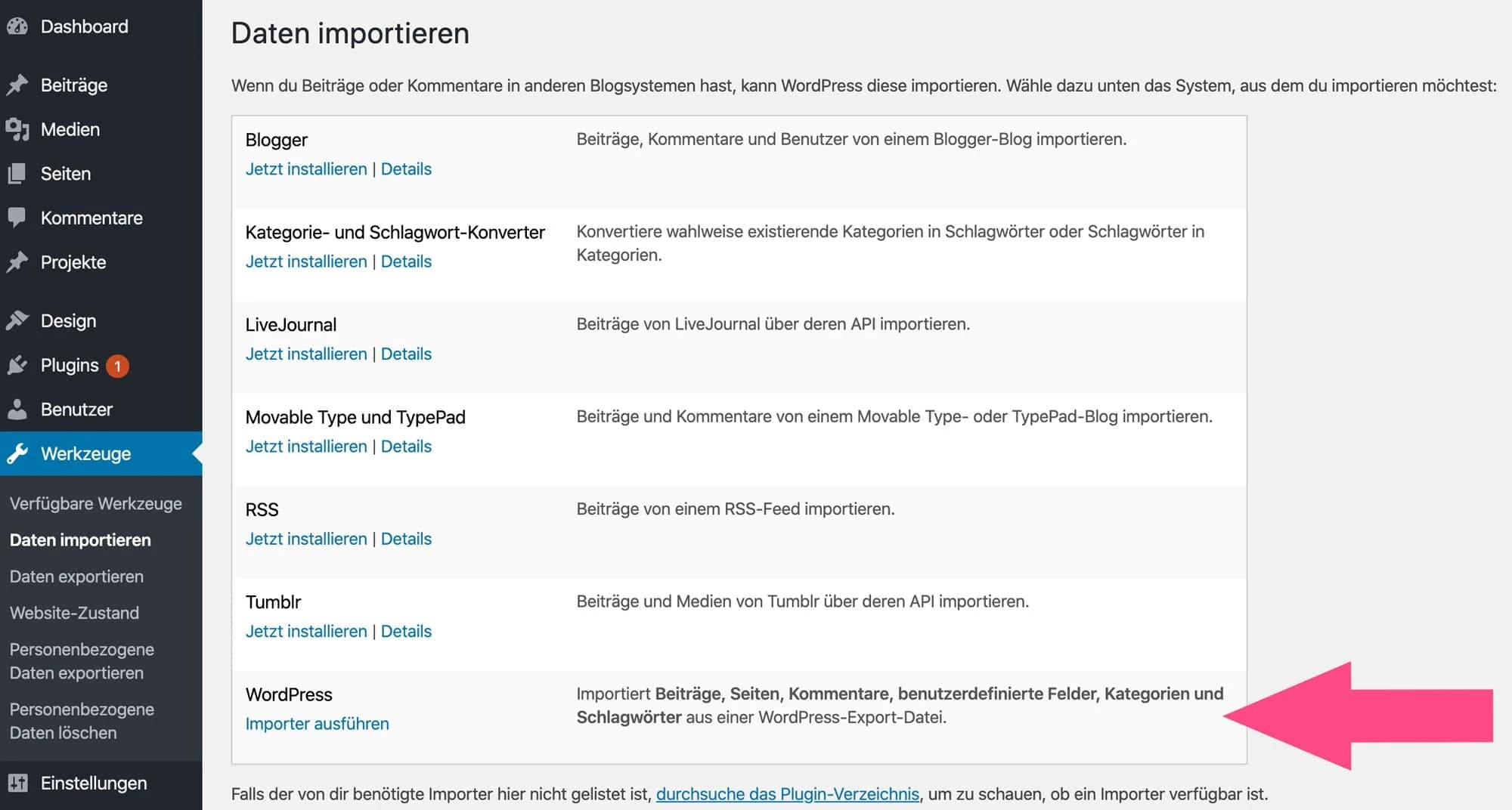 Mit dem WordPress Importer kannst du einzelne Beiträge wiederherstellen