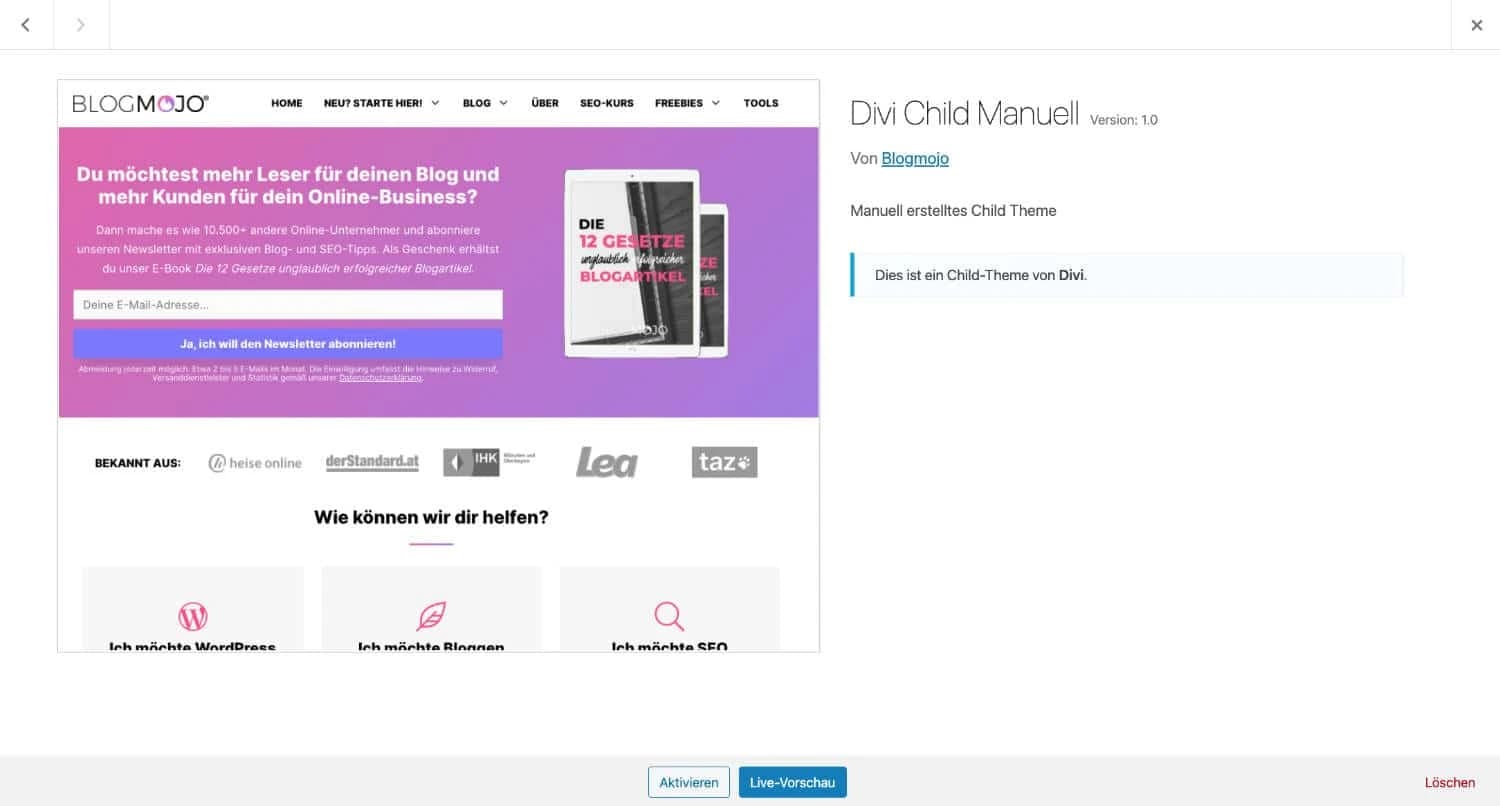 Child-Theme-Vorschau und Aktivierung