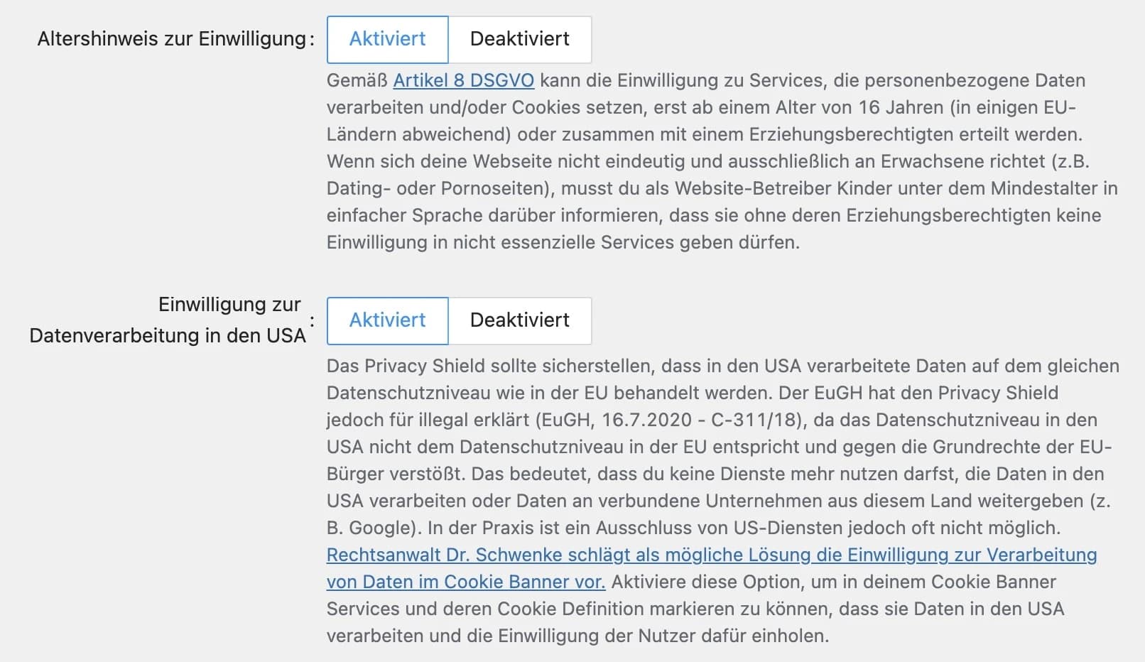Altershinweis und Einwilligung zur Datenverarbeitung in den USA im Cookie Banner anzeigen