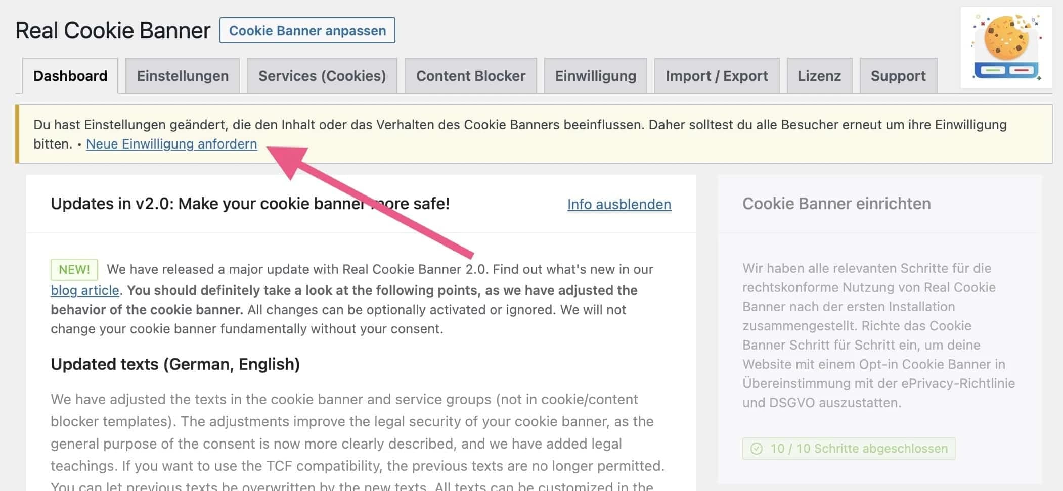 Neue Einwilligung von Besucher einfordern nach Änderungen am Cookie-Banner