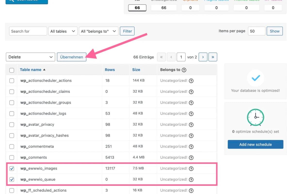 Datenbank-Tabellen mit Advanced Database Cleaner Pro löschen
