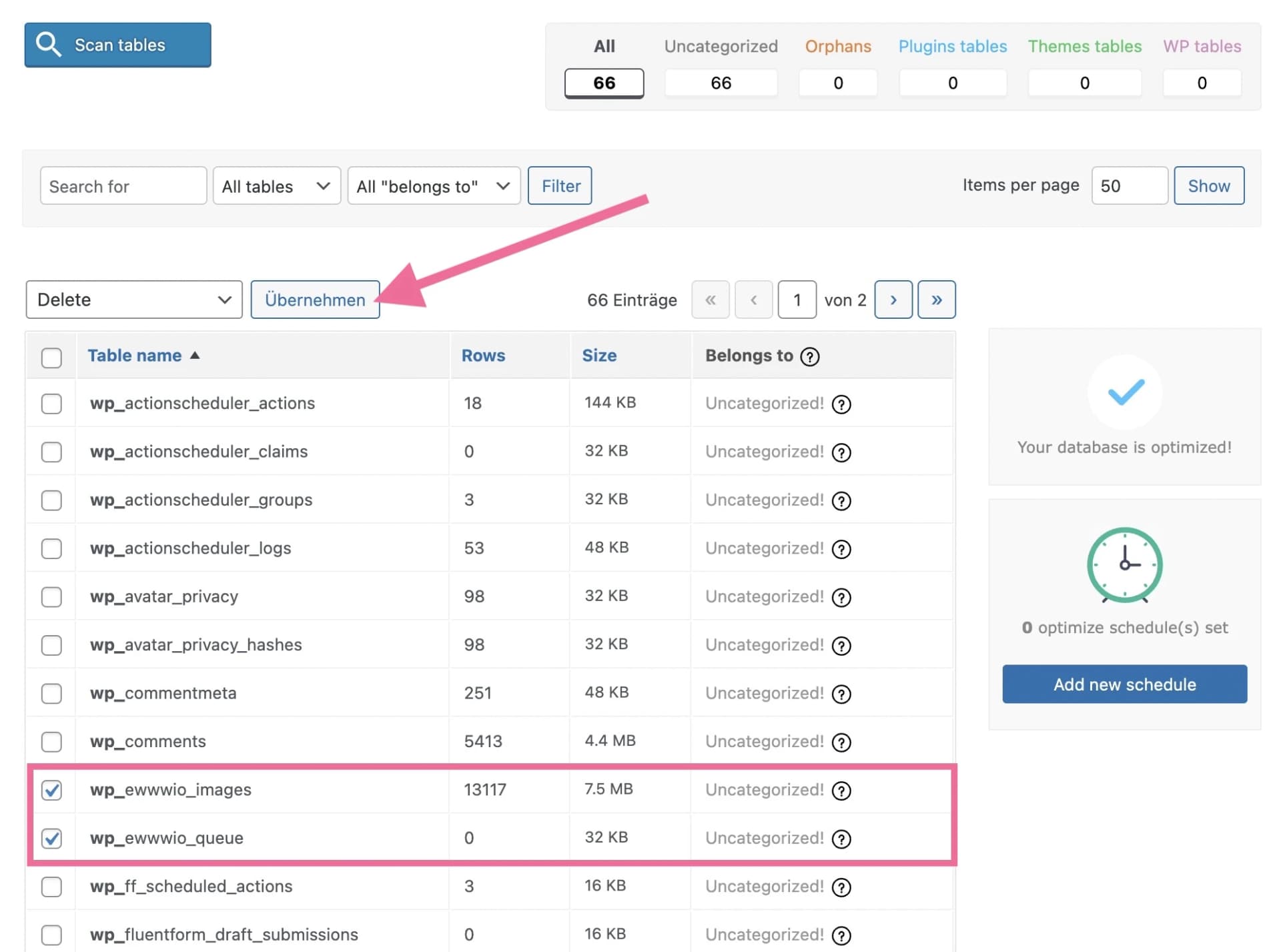 Datenbank-Tabellen mit Advanced Database Cleaner Pro löschen