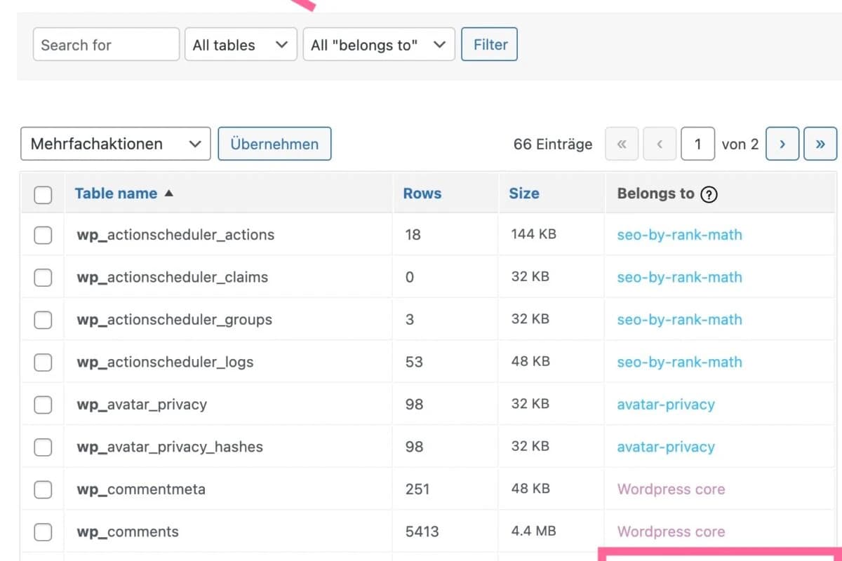 Datenbank-Tabellen mit Advanced Database Cleaner Pro scannen