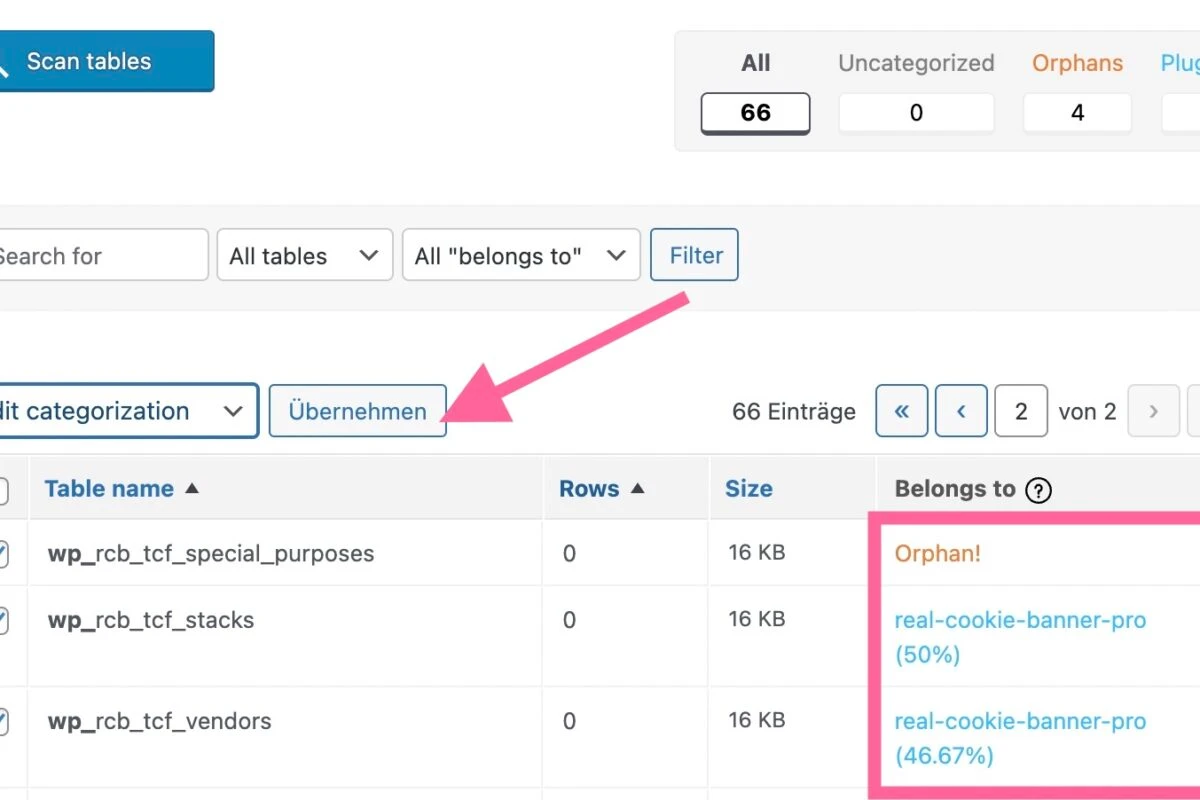 Zuordnungen von Datenbank-Tabellen in Advanced Database Cleaner Pro selbst festlegen