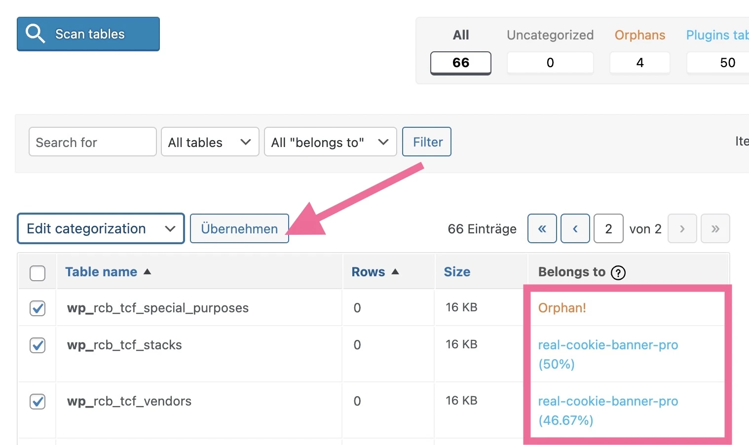 Zuordnungen von Datenbank-Tabellen in Advanced Database Cleaner Pro selbst festlegen