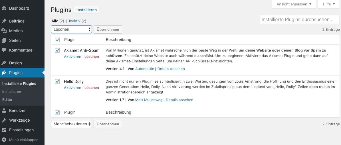 Akismet und Hello Dolly löschen
