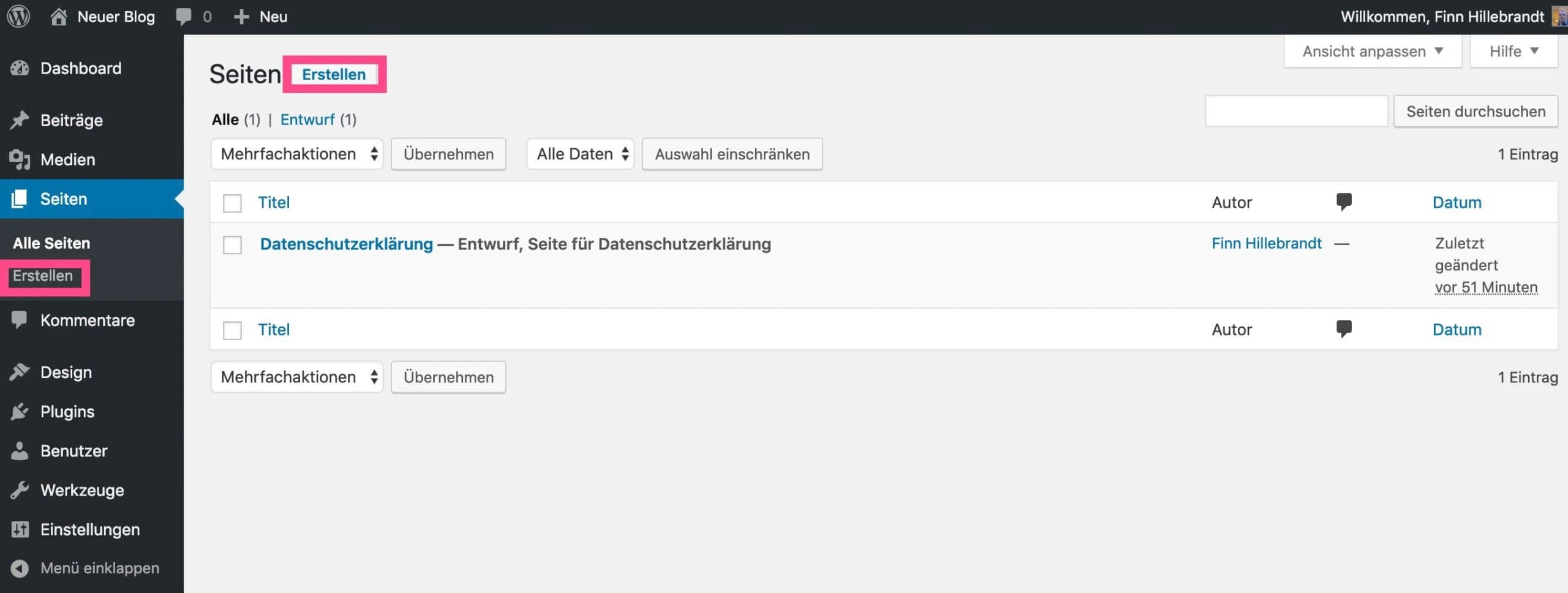 Neue Seite in WordPress erstellen