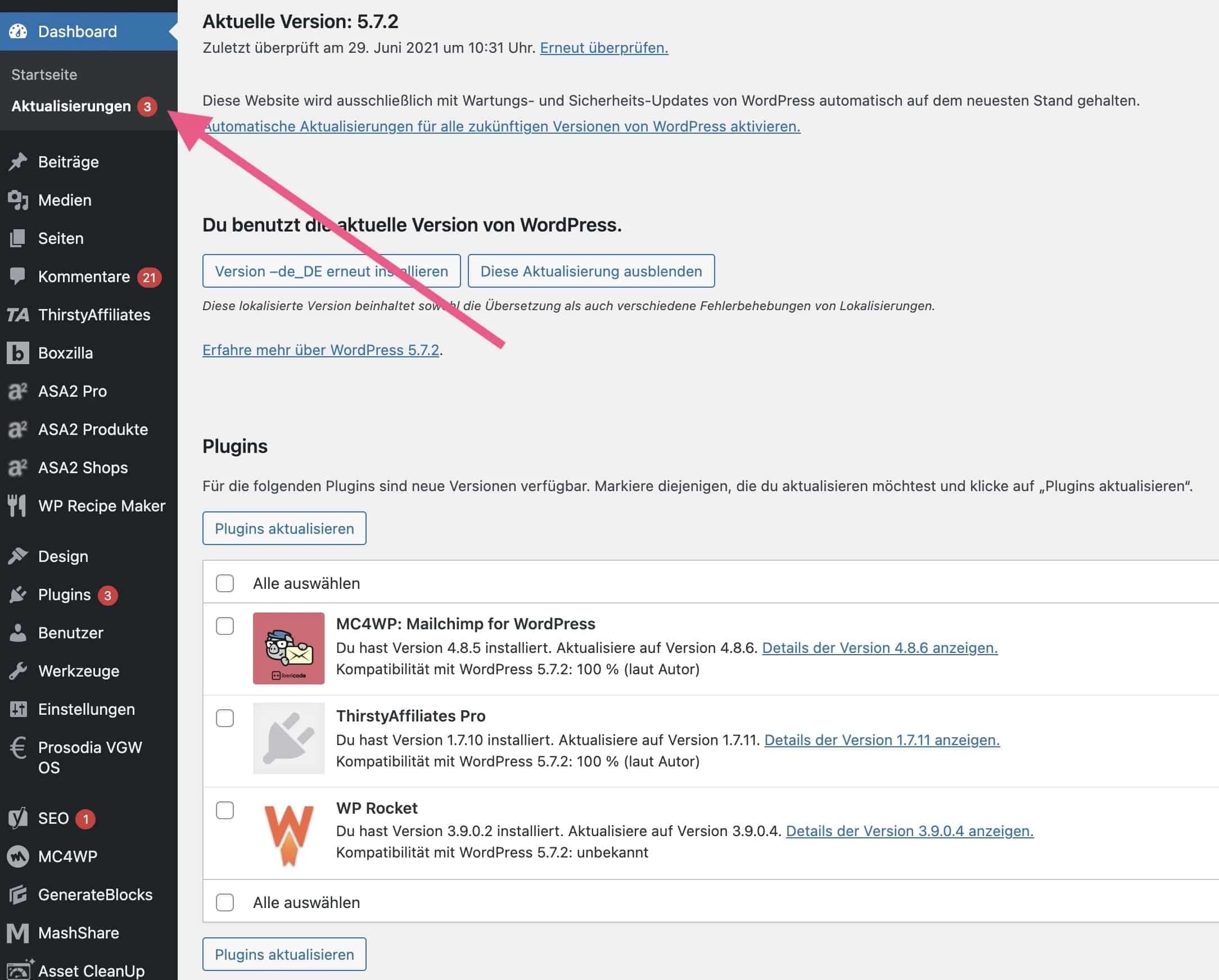 Aktualisierungen im WordPress-Adminbereich