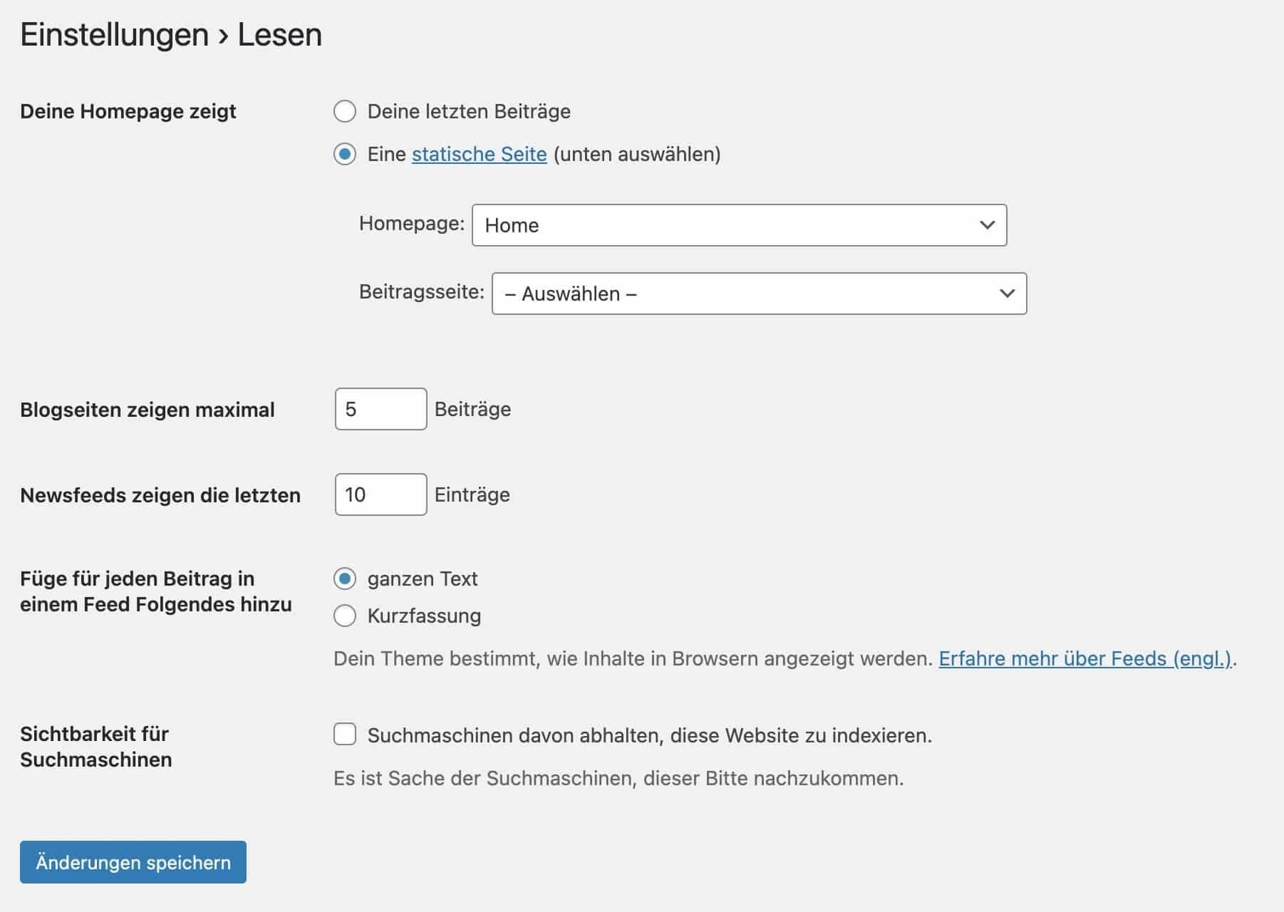 Es ist definitiv zu empfehlen, in WordPress eine Startseite anzulegen und nicht die letzten Beiträge anzeigen zu lassen