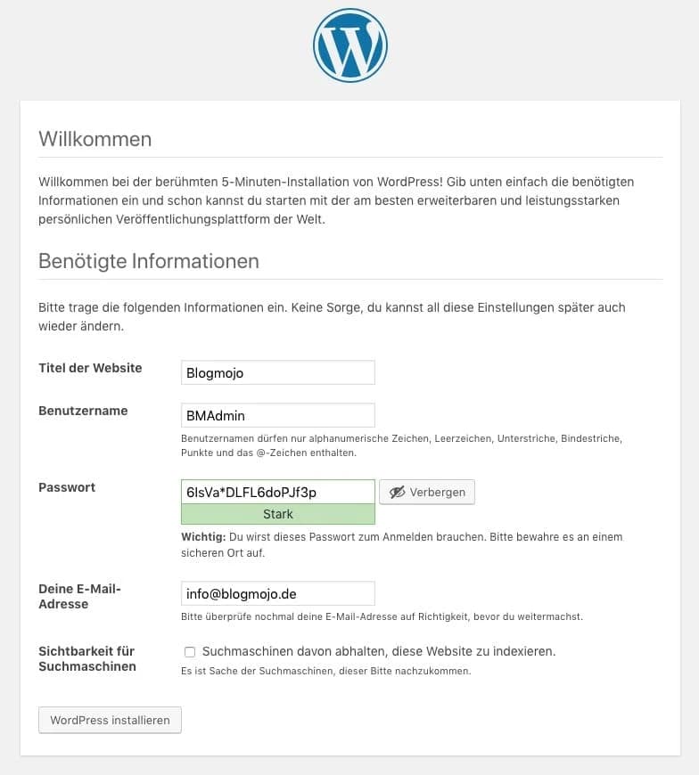 Benötigte Informationen zur WordPress-Installation