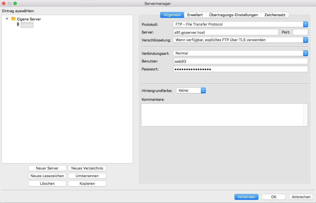 FTP-Zugangsdaten in FileZilla eingeben
