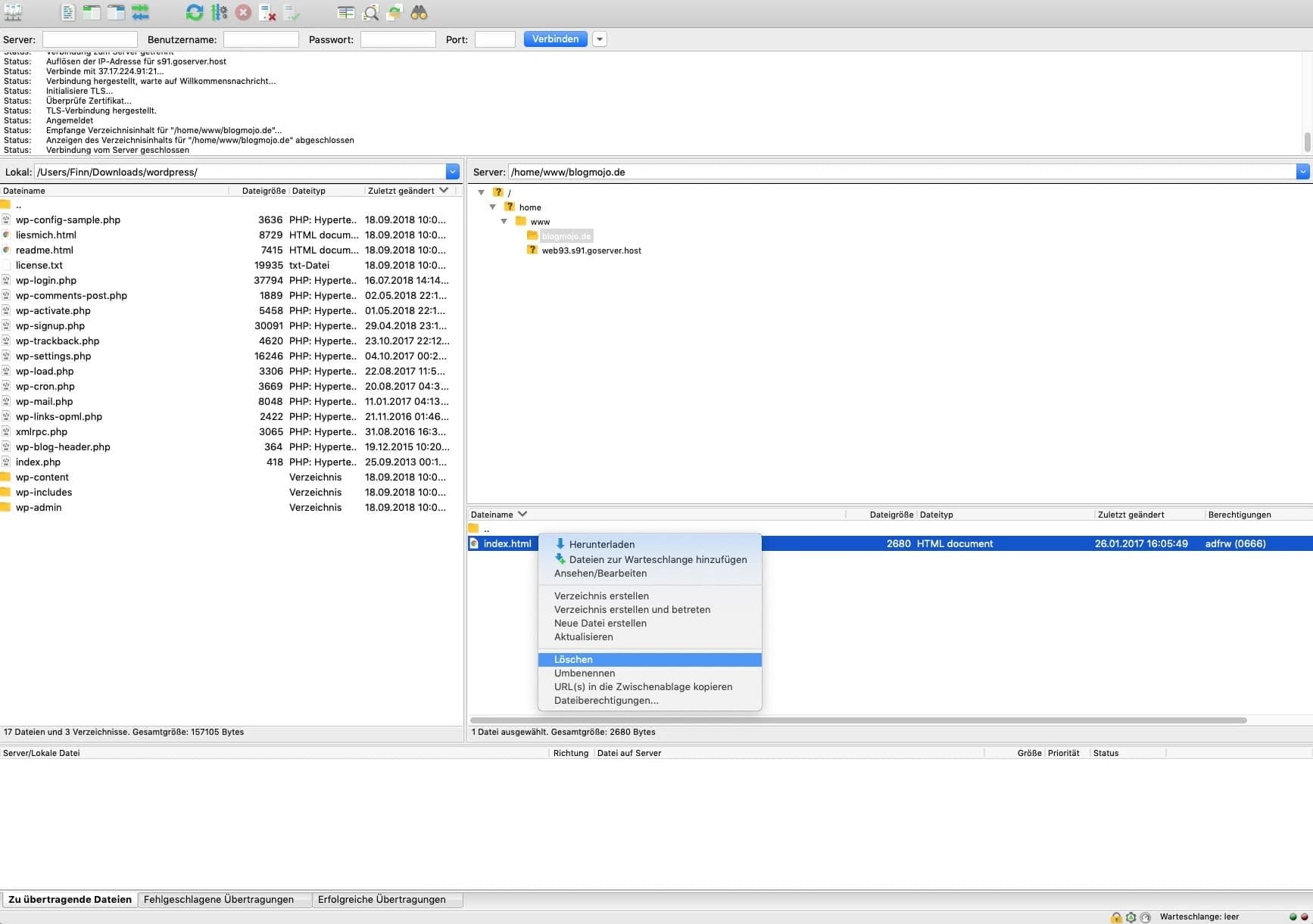index.html aus Domain-Verzeichnis löschen