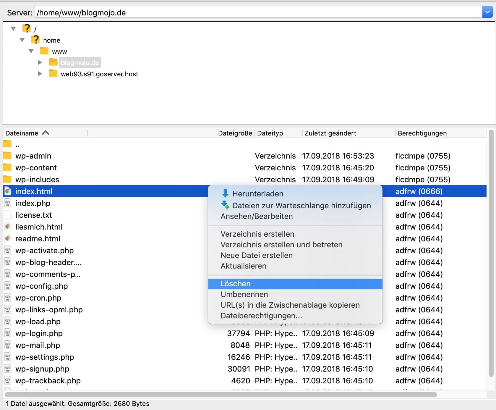 index.html in Filezilla löschen