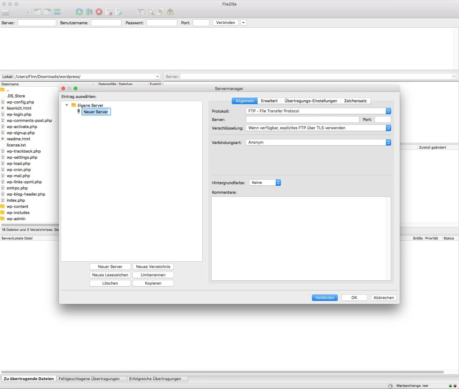 Neuen Server in FileZilla einrichten