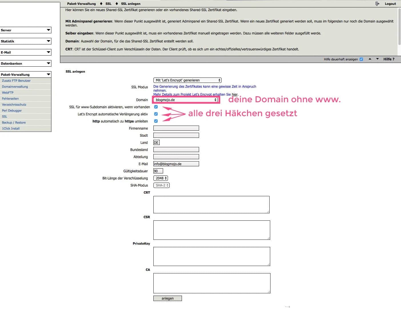 SSL-Zertifikat im webgo Webspace-Admin anlegen