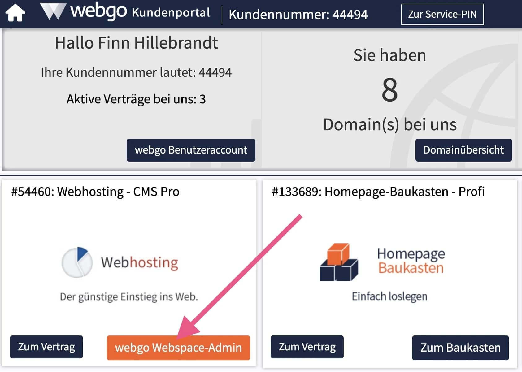 Webspace-Admin für webgo CMS Pro öffnen