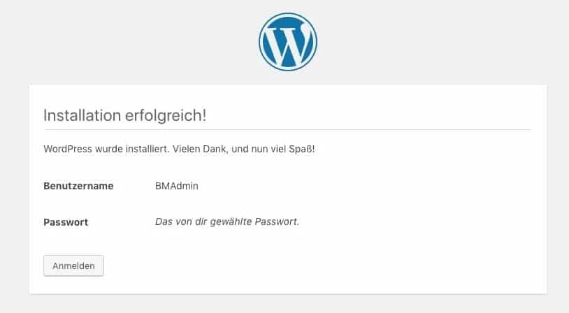 WordPress-Installation erfolgreich