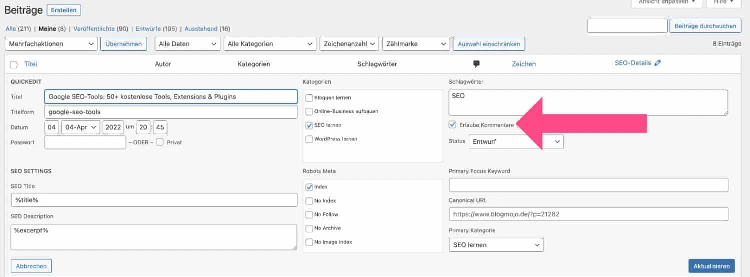 Einzelne Beiträge Kommentare deaktivieren