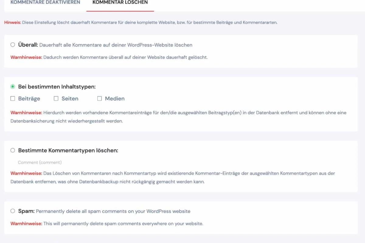Disable Comments Kommentare löschen