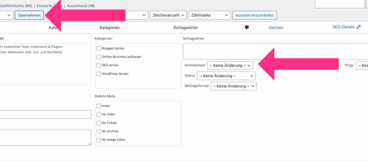 Kommentare deaktivieren Massenbearbeitung