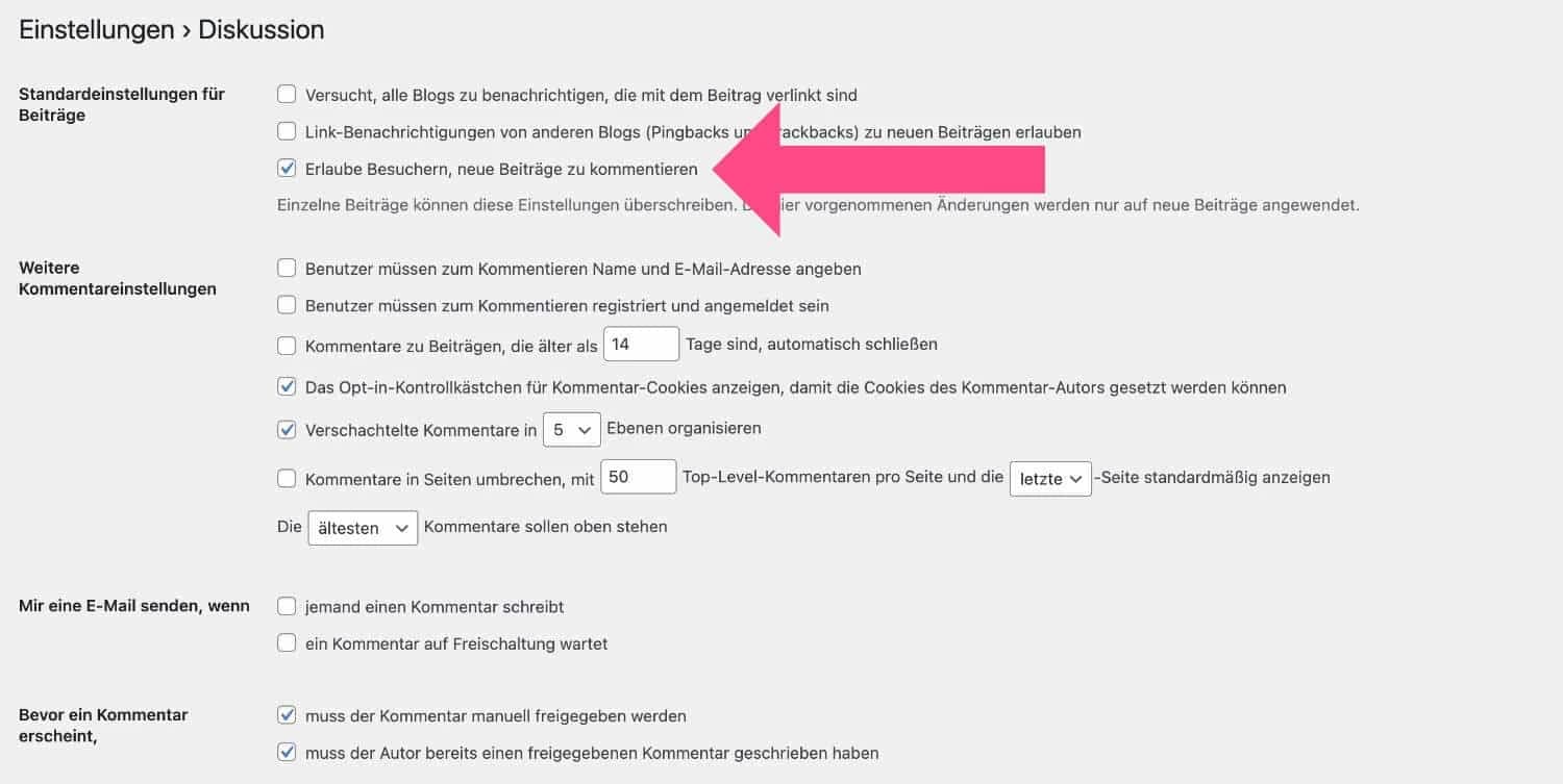 Kommentare für neue Beiträge deaktivieren