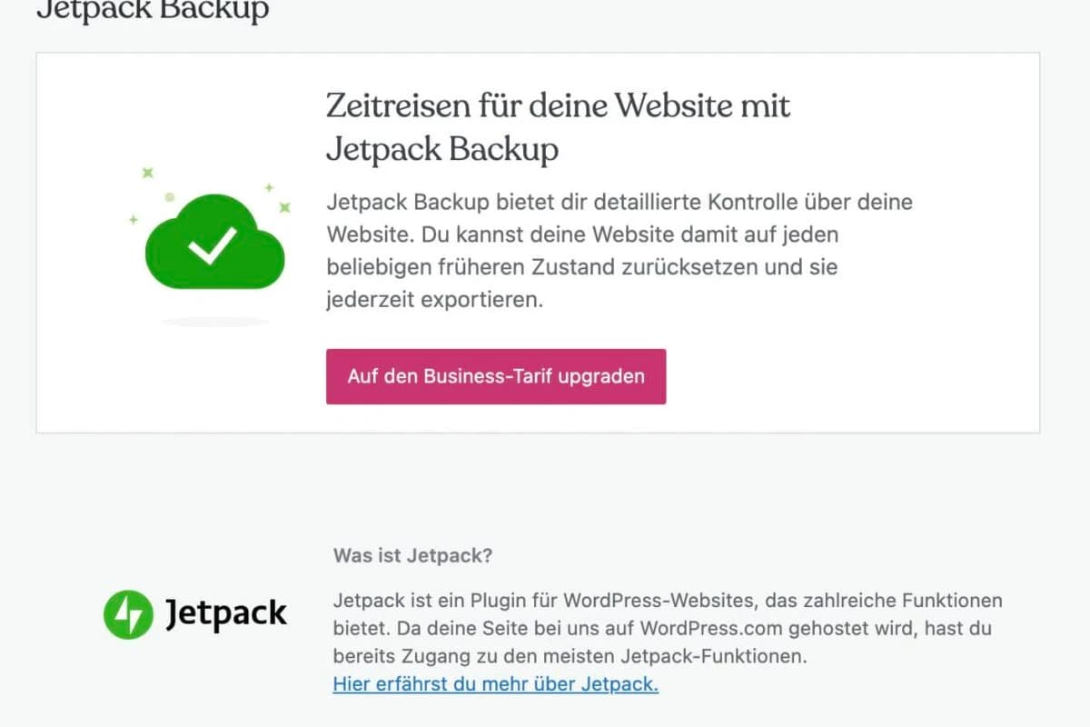 Jetpack Backup steht dir bei WordPress.com erst ab dem Business-Tarif zur Verfügung