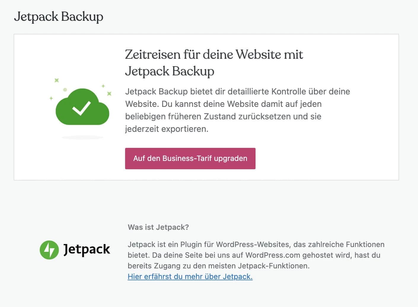 Jetpack Backup steht dir bei WordPress.com erst ab dem Business-Tarif zur Verfügung