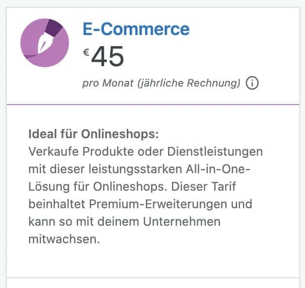 Um einen eigenen Shop mit WordPress.com zu ersteellen bneötigst du den eCommerce Tarif