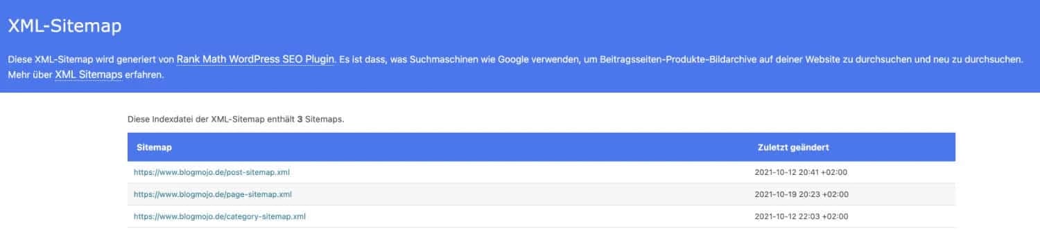 Beispiel einer XML-Sitemap von Blogmojo