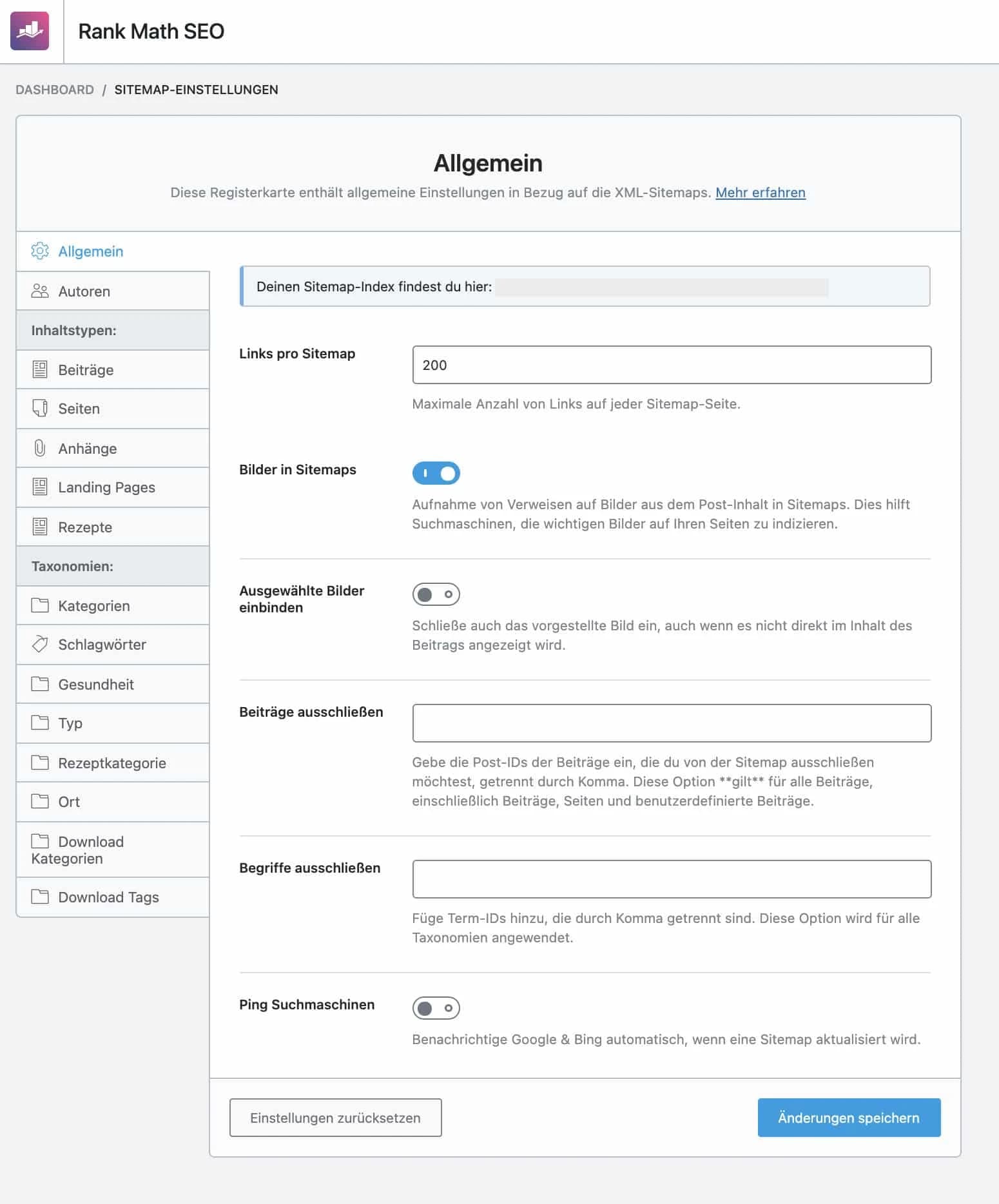 Sitemap-Einstellungen im WordPress-Plugin Rank Math