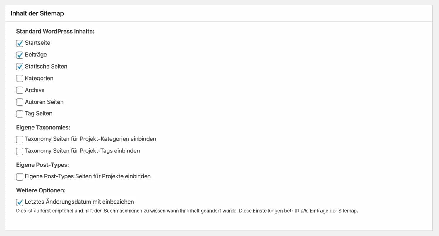 Inhalte der XML-Sitemap im Plugin festlegen