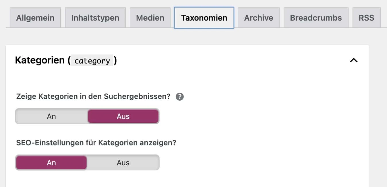 Kategorien in Yoast SEO auf noindex gestellt
