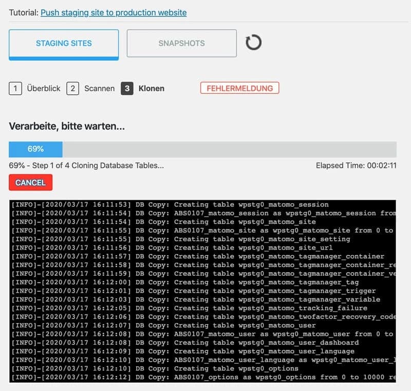 WP Staging Pro zeigt genau an, wie weit das Staging bereits fortgeschritten ist