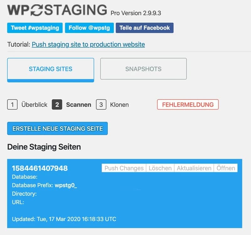 Die Übersicht von WP Staging Pro nach erfolgreichem Staging