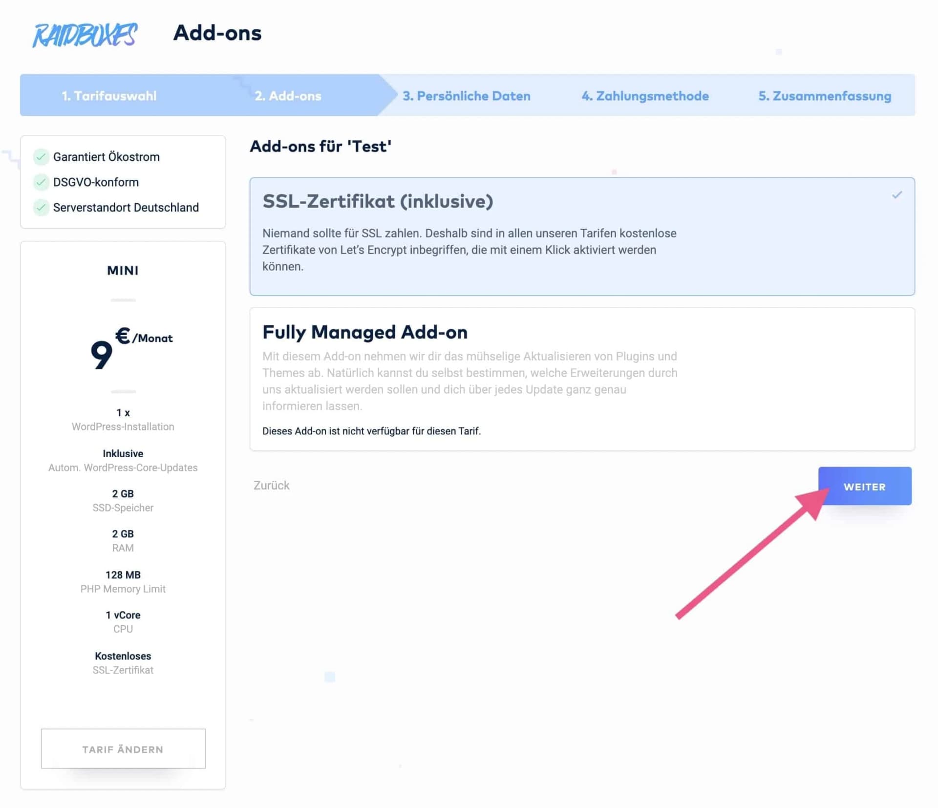 Add-ons für deinen Hosting-Tarif auswählen