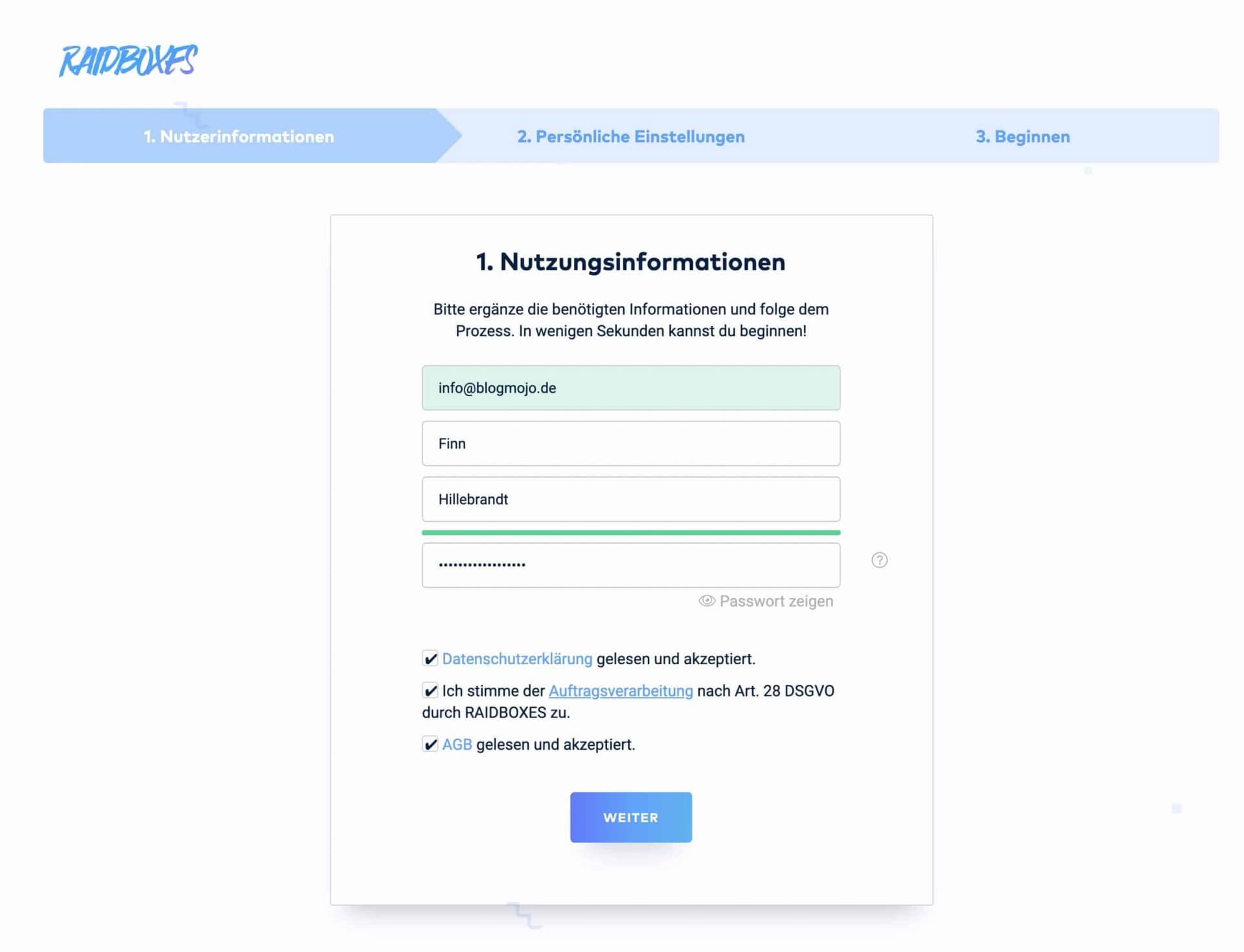 Nutzerinformationen zum RAIDBOXES-Account eingeben