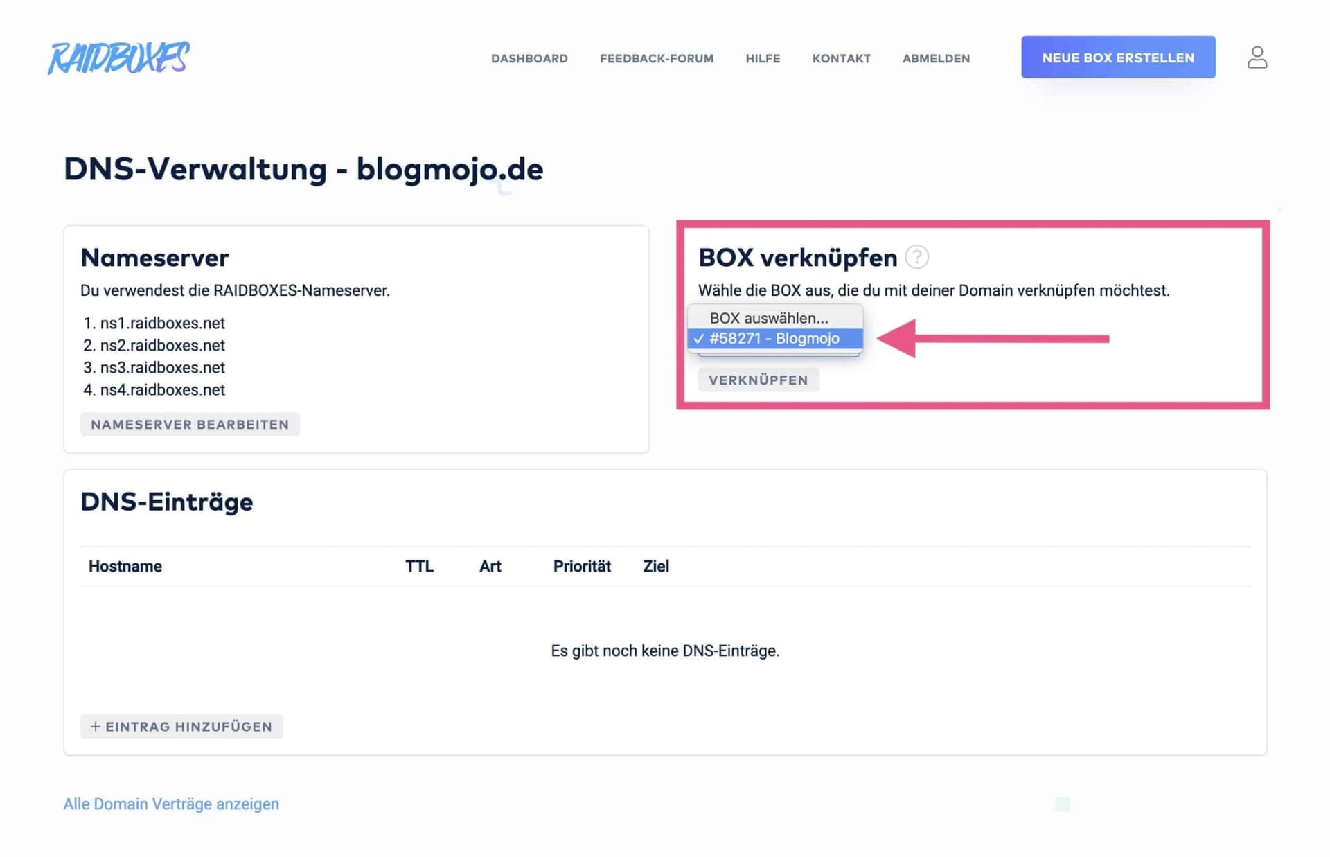 Eine Domain mit einer BOX verknüpfen