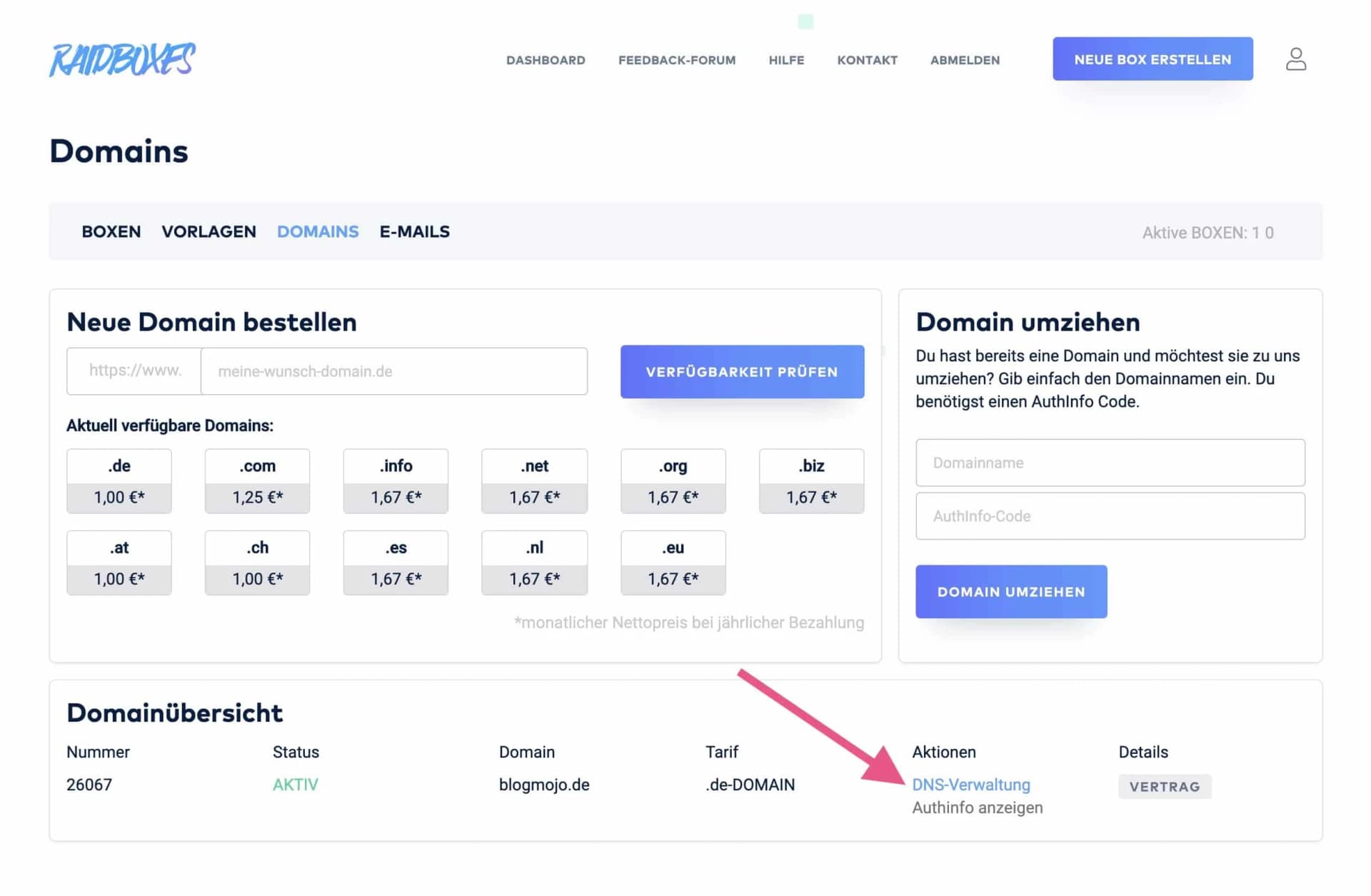 DNS-Verwaltung einer Domain bei RAIDBOXES